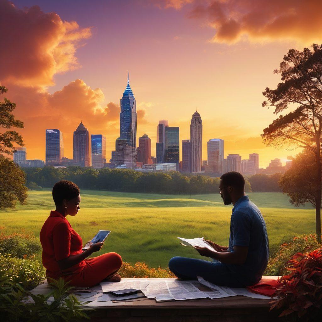 A vibrant collage featuring iconic Georgia landmarks like the Atlanta skyline and lush countryside, intertwined with silhouettes of diverse community members sharing stories. Incorporate elements representing current affairs, such as a newspaper and a digital tablet. Use warm colors to evoke a welcoming atmosphere and infuse the image with energy. super-realistic. vibrant colors. 3D.