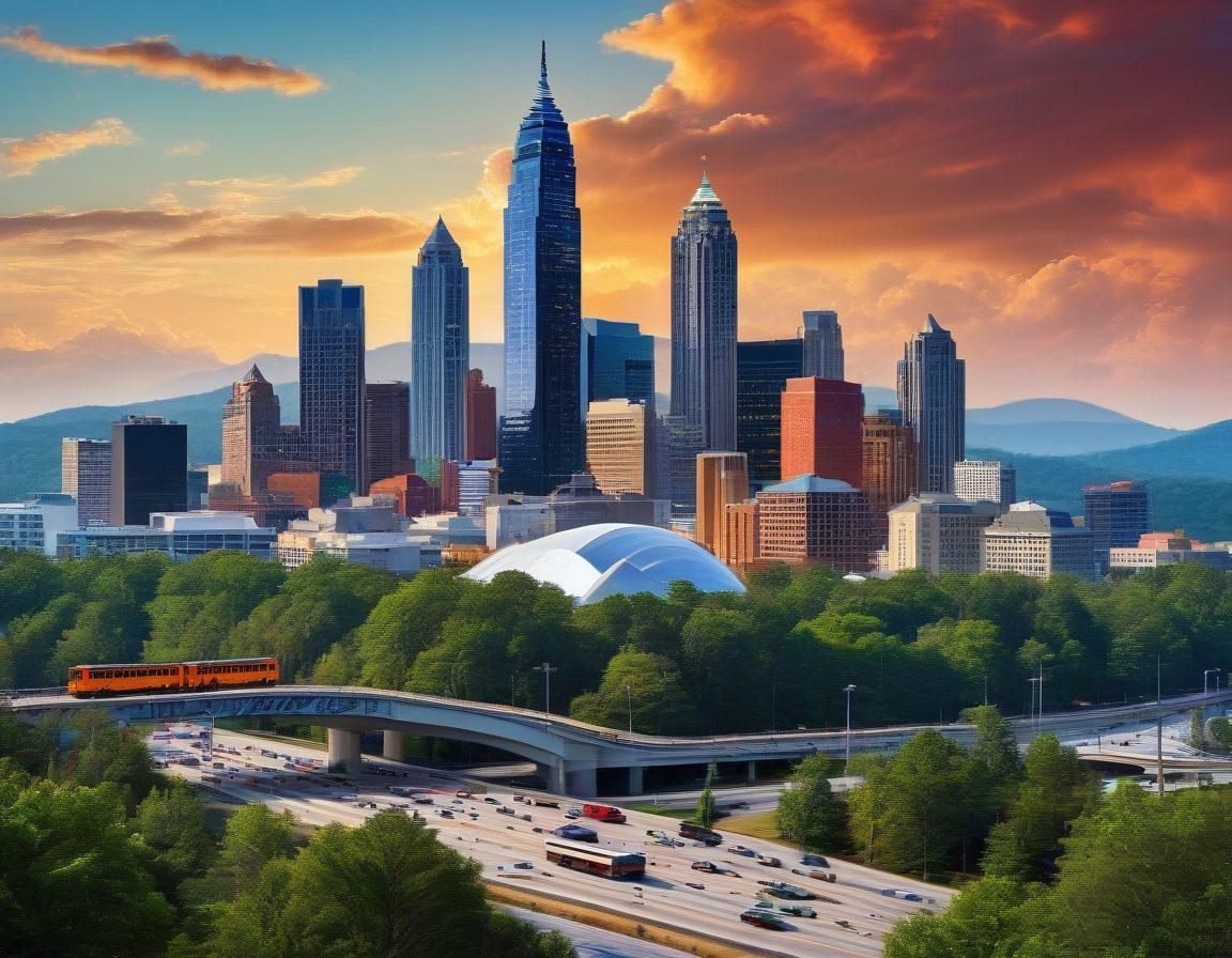A vibrant collage of Atlanta's skyline featuring the iconic Stone Mountain in the background, with news headlines and event icons integrated into the scene. Include cultural elements like music notes, sports symbols, and art representing Georgia's diverse community. Bright colors and dynamic composition to evoke a sense of liveliness and information. super-realistic. vibrant colors. 3D.